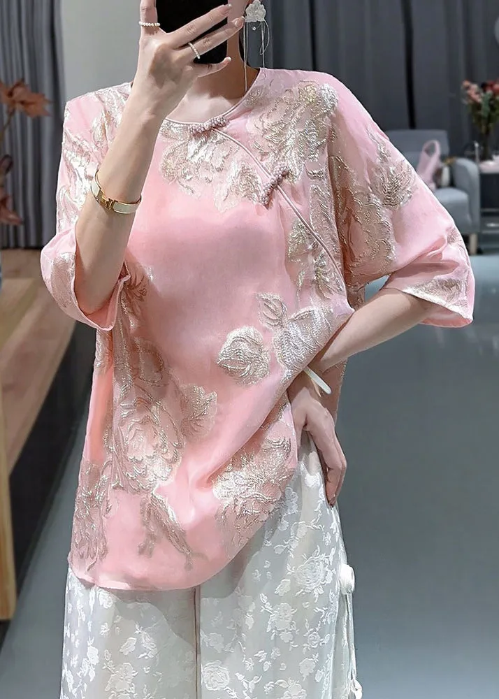 Chic Pink O-Neck Embroideried Button Silk Shirts Bracelet Sleeve  AH501