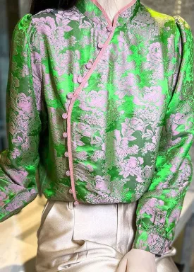 Chinese Style Green Jacquard Oriental Button Patchwork Silk Shirts Spring LY4631