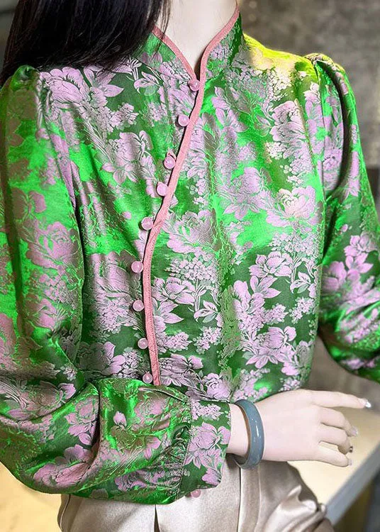 Chinese Style Green Jacquard Oriental Button Patchwork Silk Shirts Spring LY4631