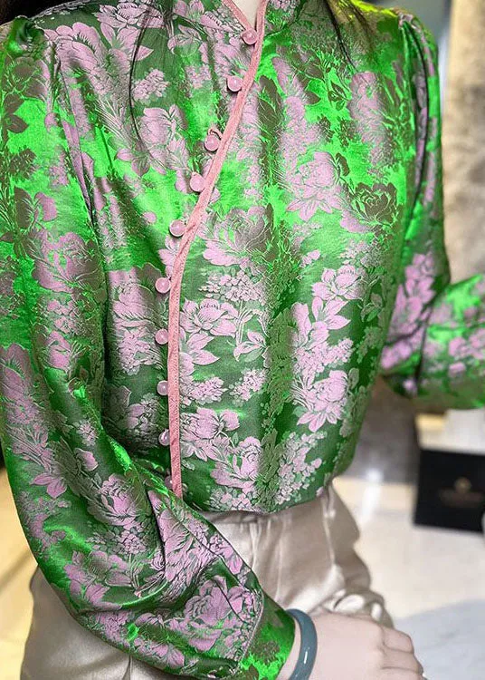 Chinese Style Green Jacquard Oriental Button Patchwork Silk Shirts Spring LY4631