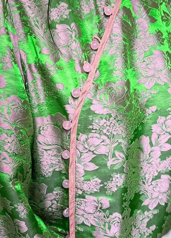 Chinese Style Green Jacquard Oriental Button Patchwork Silk Shirts Spring LY4631