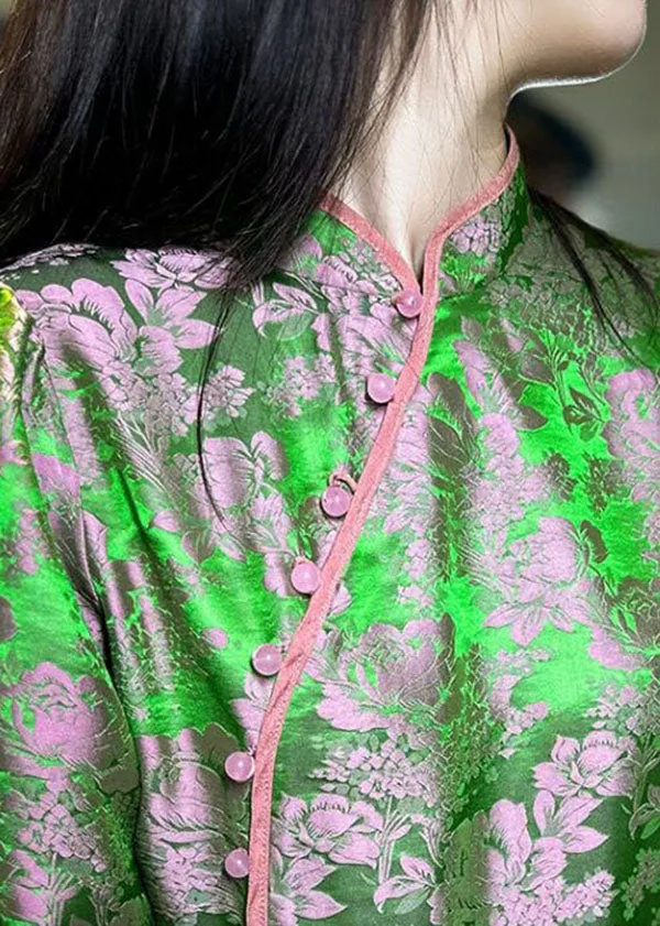 Chinese Style Green Jacquard Oriental Button Patchwork Silk Shirts Spring LY4631