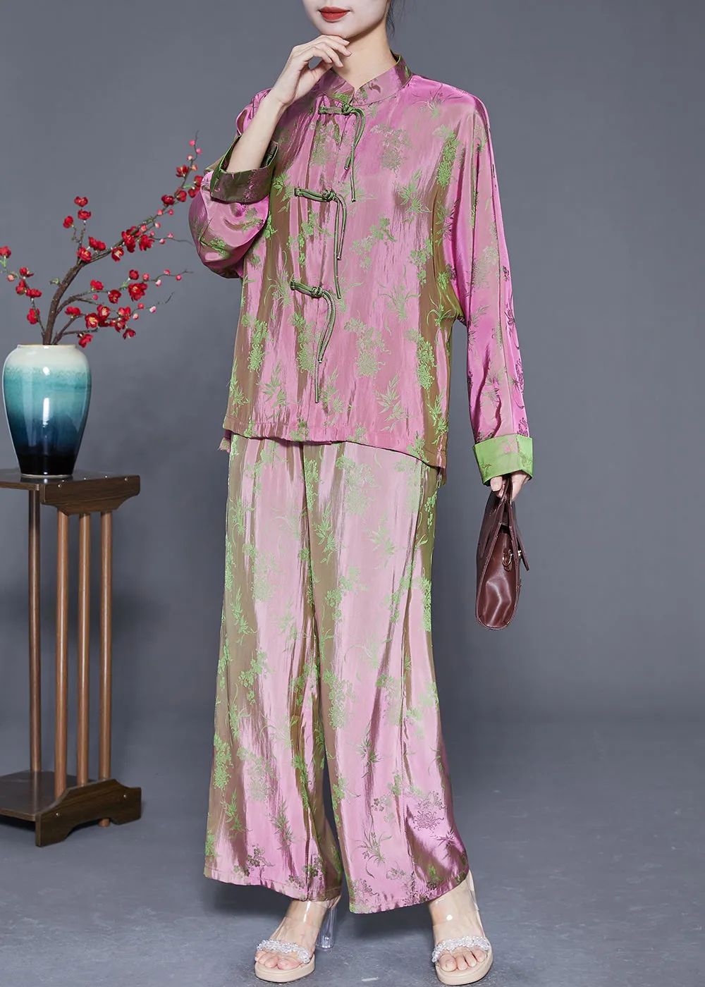 Chinese Style Pink Print Chinese Button Silk Shirts And Pants Two Pieces Set Fall LY5370