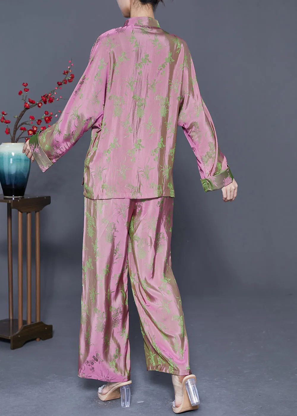 Chinese Style Pink Print Chinese Button Silk Shirts And Pants Two Pieces Set Fall LY5370