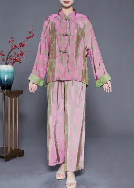 Chinese Style Pink Print Chinese Button Silk Shirts And Pants Two Pieces Set Fall LY5370