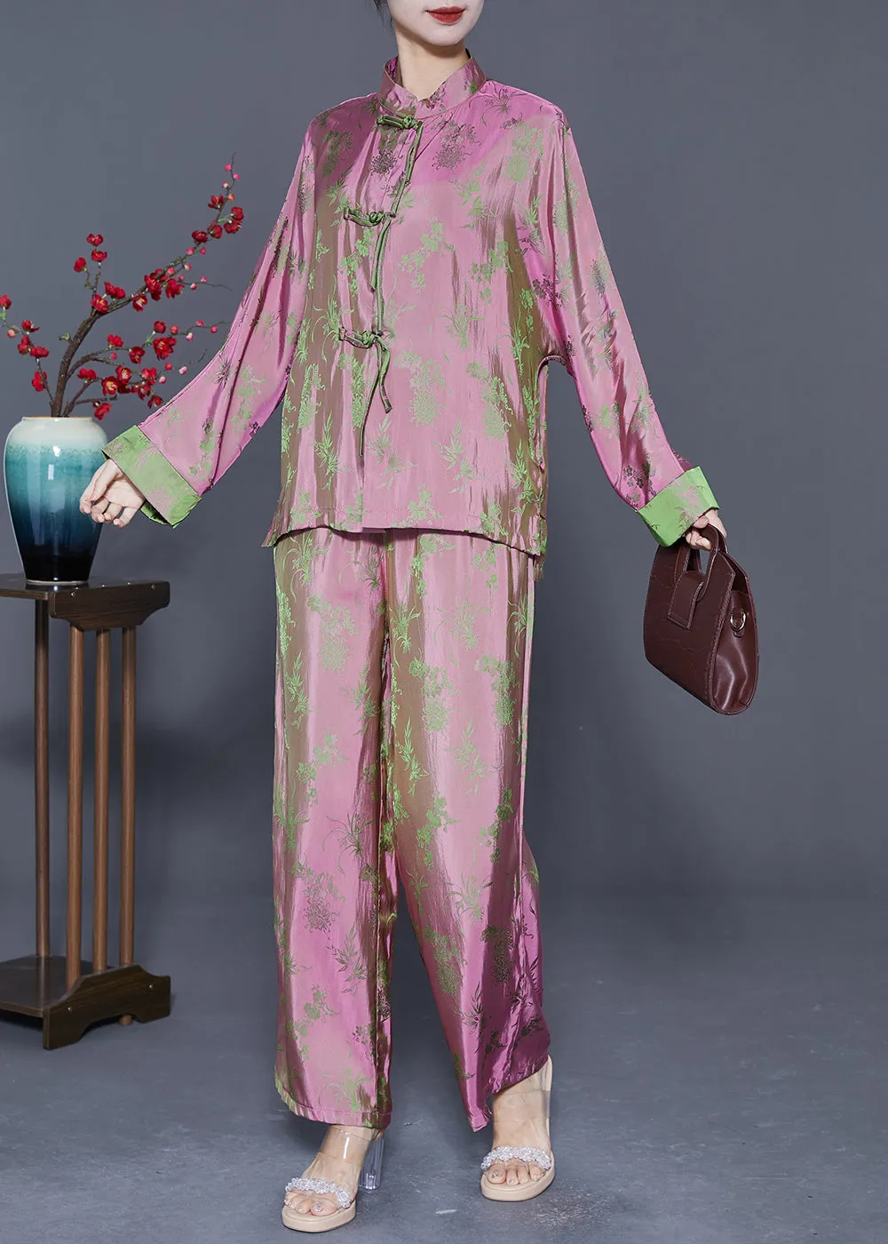 Chinese Style Pink Print Chinese Button Silk Shirts And Pants Two Pieces Set Fall LY5370