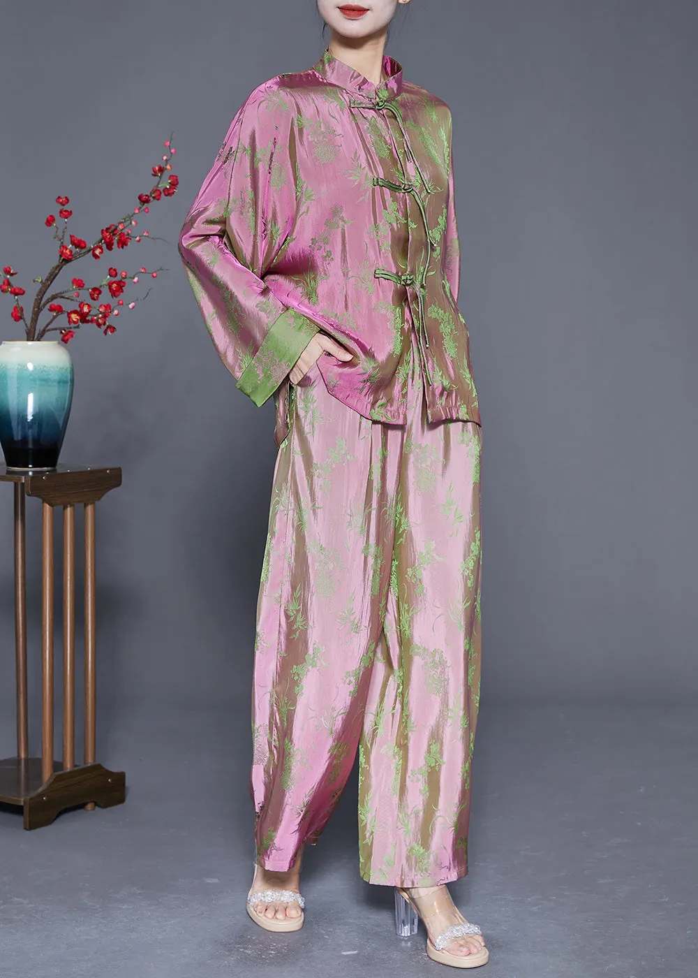 Chinese Style Pink Print Chinese Button Silk Shirts And Pants Two Pieces Set Fall LY5370