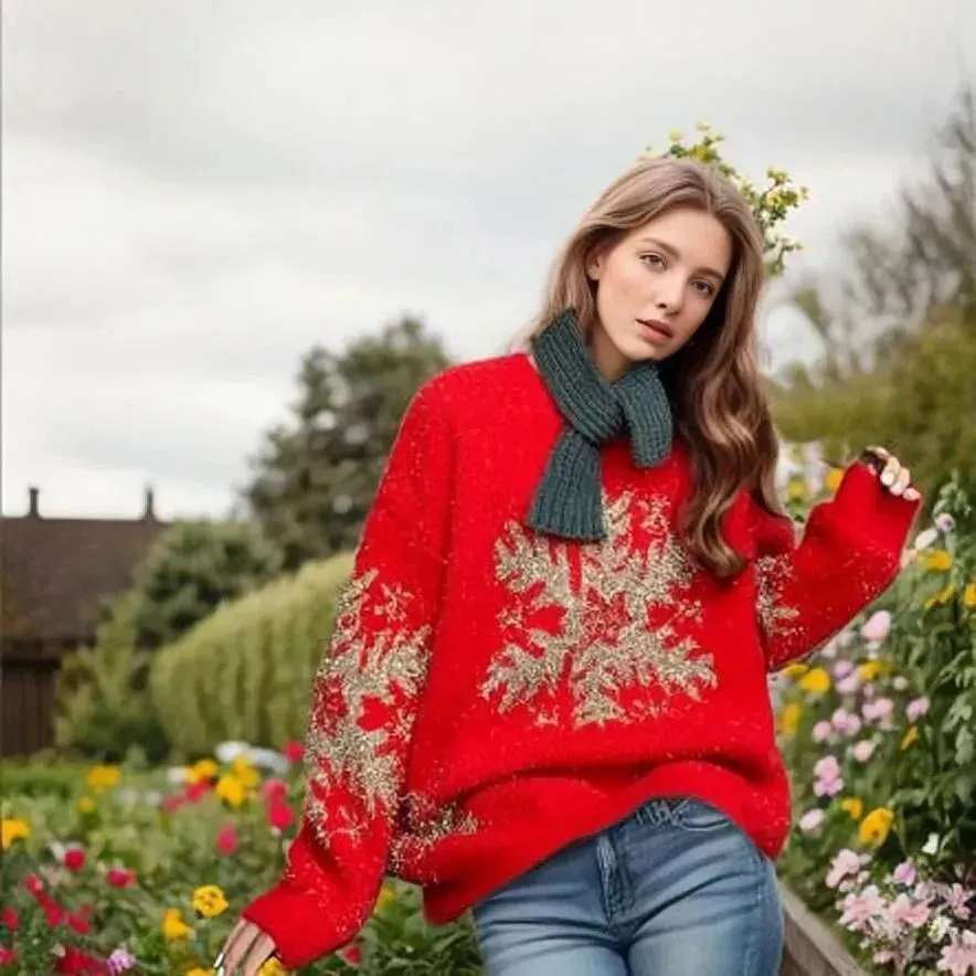 Christmas Deer Snowflakes Knit Sweater Pullover Round Neck Christmas Elk