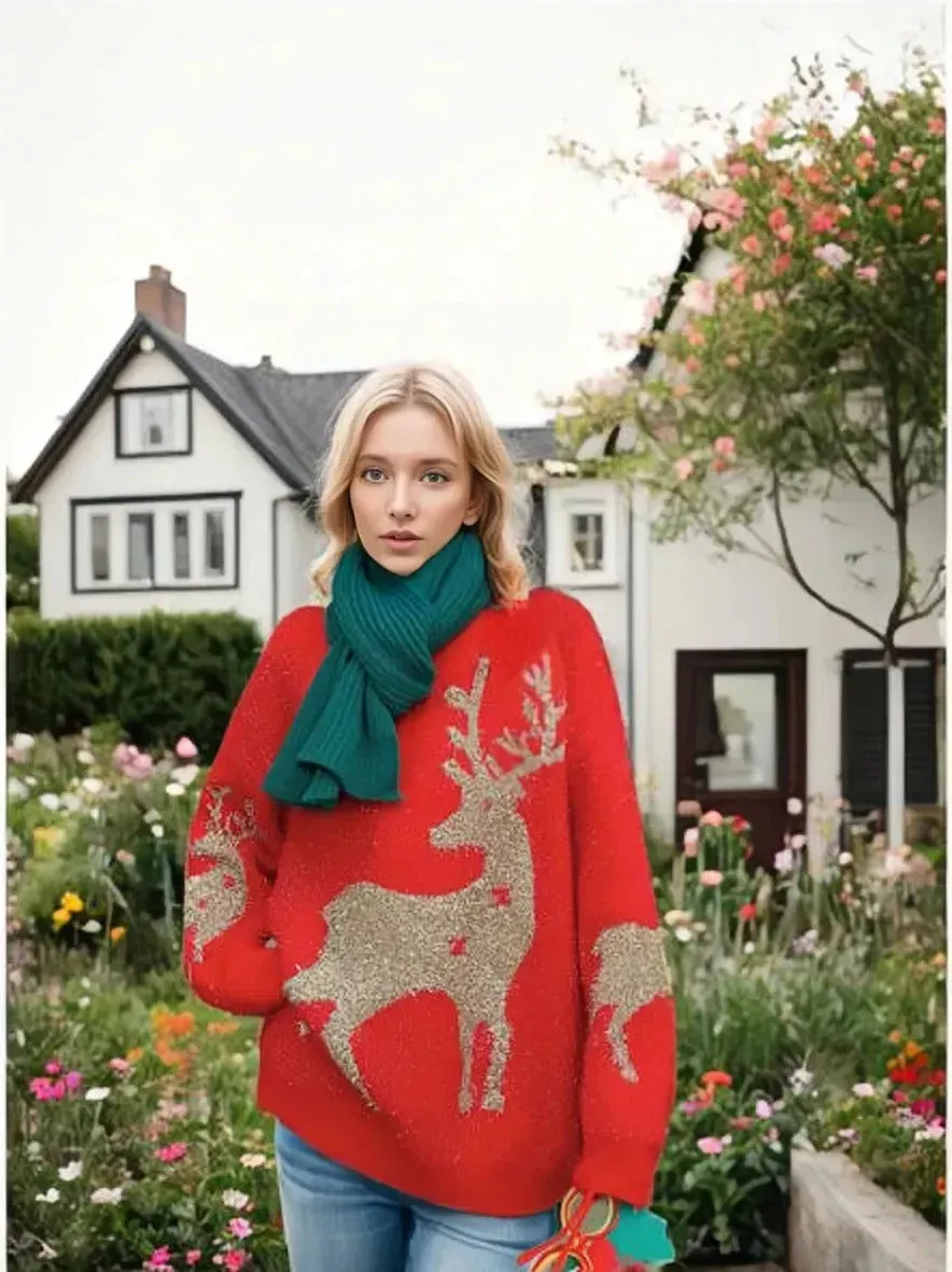 Christmas Deer Snowflakes Knit Sweater Pullover Round Neck Christmas Elk