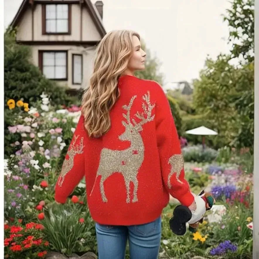 Christmas Deer Snowflakes Knit Sweater Pullover Round Neck Christmas Elk