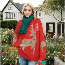 Christmas Deer Snowflakes Knit Sweater Pullover Round Neck Christmas Elk