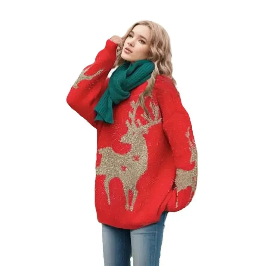 Christmas Deer Snowflakes Knit Sweater Pullover Round Neck Christmas Elk