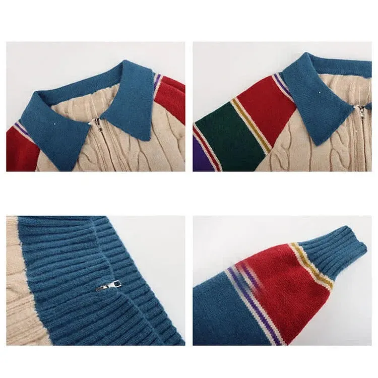 Classic Blue and Black Striped Cardigan with Denim Pants Preppy Set