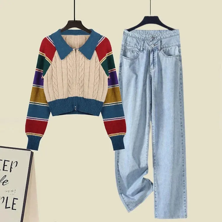 Classic Blue and Black Striped Cardigan with Denim Pants Preppy Set