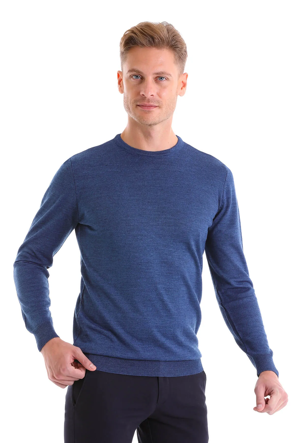 Comfort Fit Wool Blend Blue Mel Crewneck Sweater