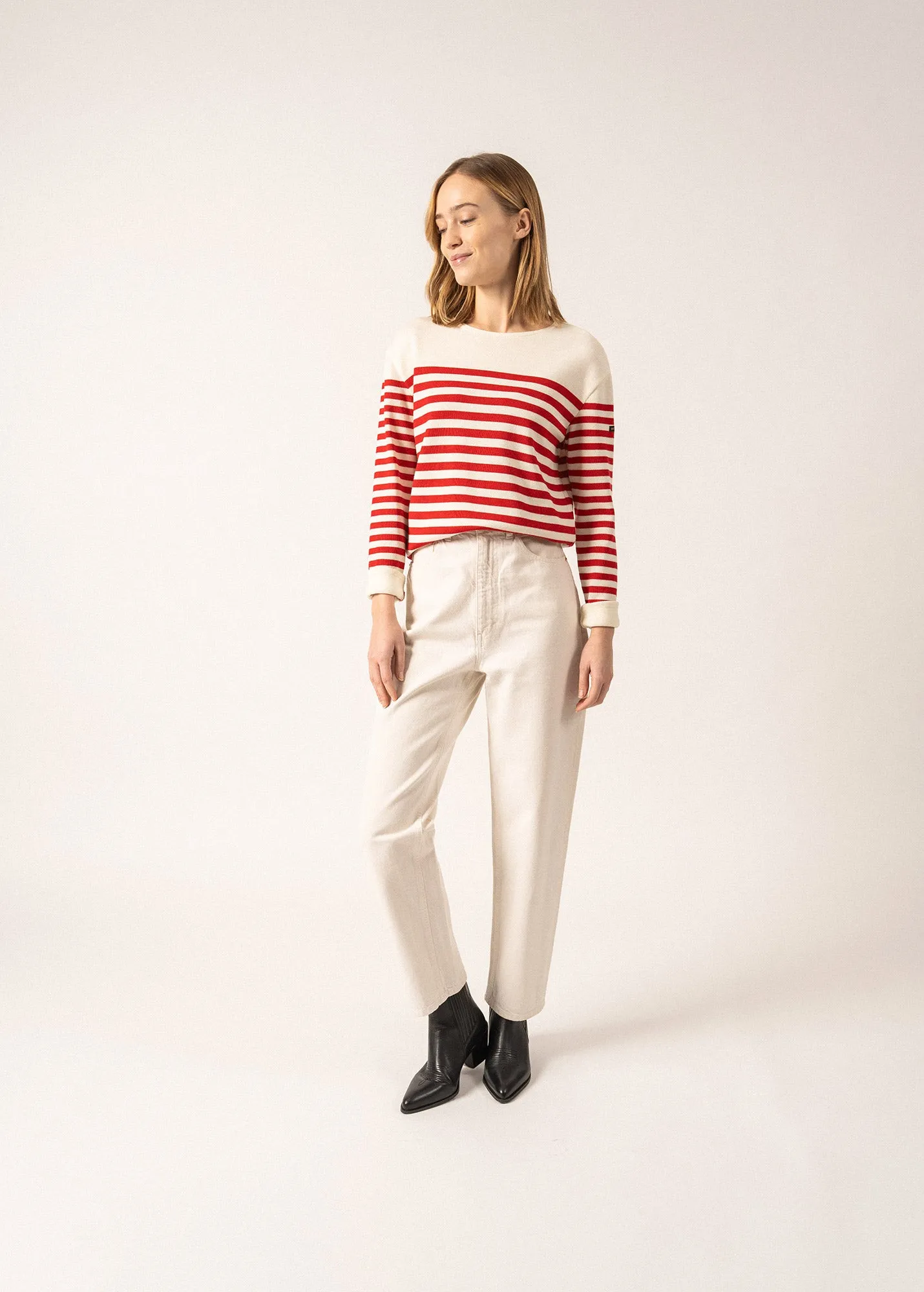 ECRINS - Striped Sweater in Soft Wool for Women (IVORY / RED)