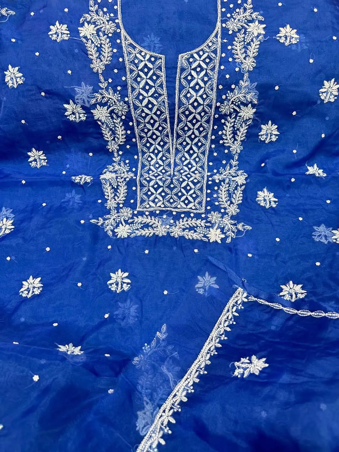 Elegant Blue Chikankari Organza Suit Set: Hand Embroidered Perfection