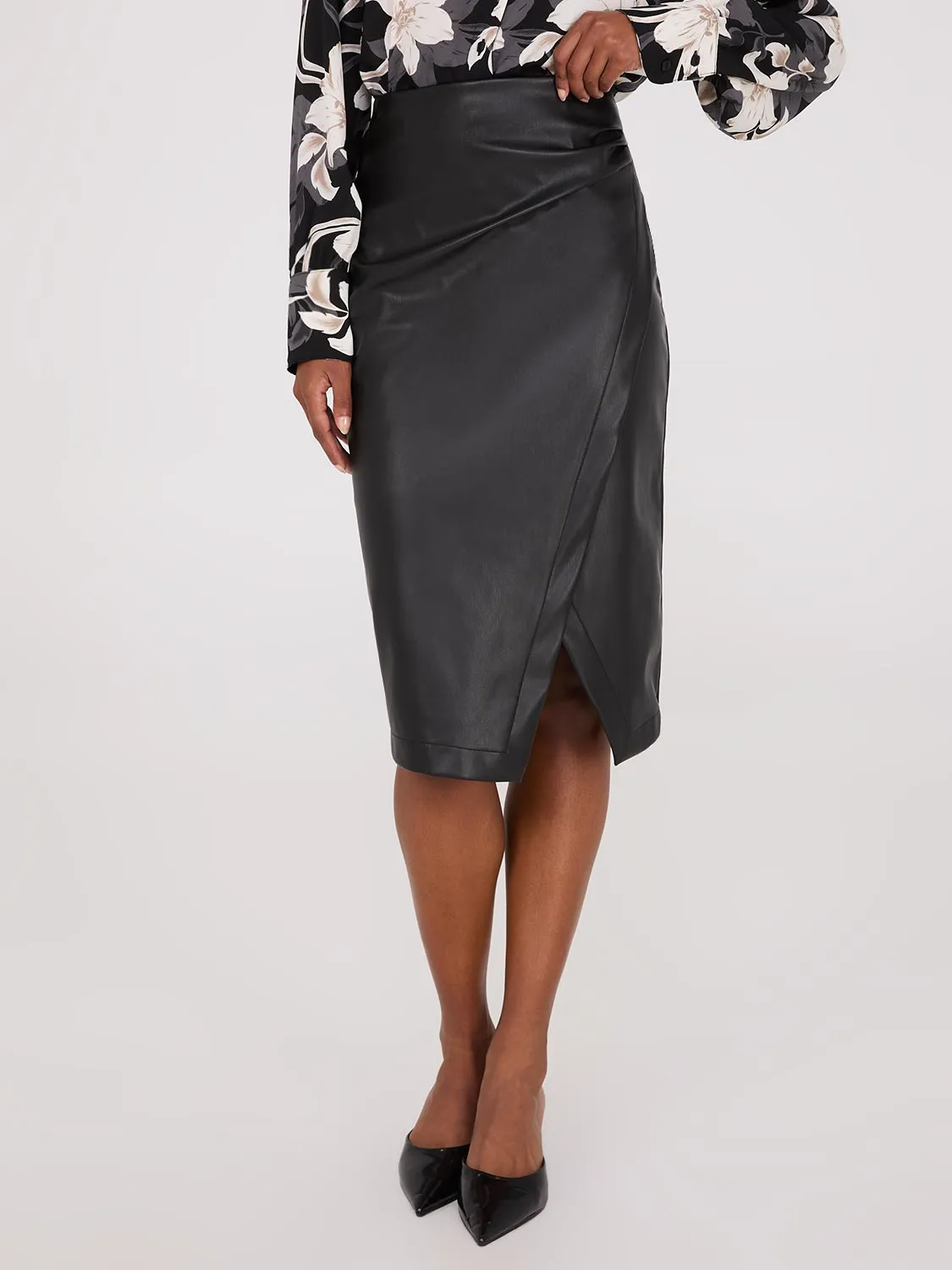 Faux Leather Front Wrap Pencil Skirt