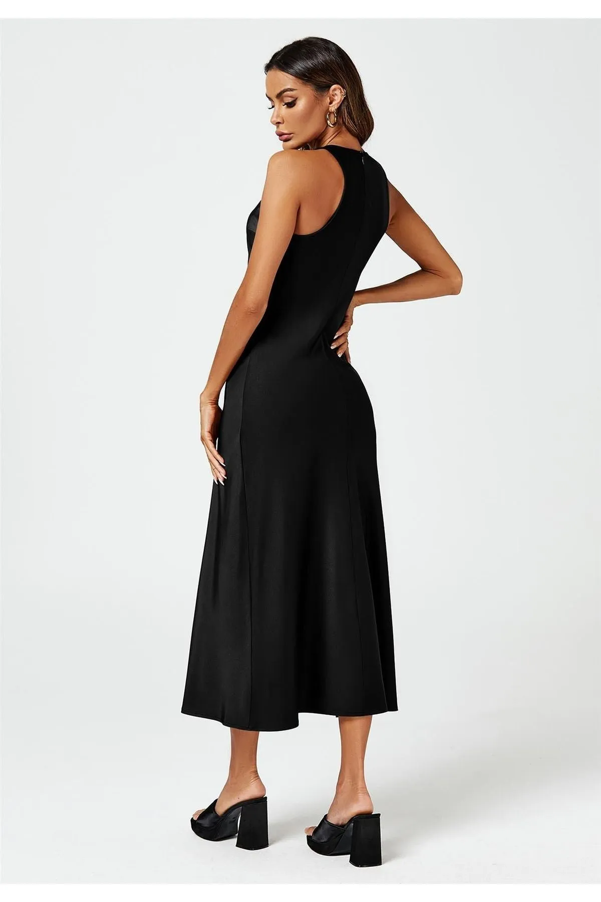 FS Collection Slim Fit Satin Midi Dress In Black