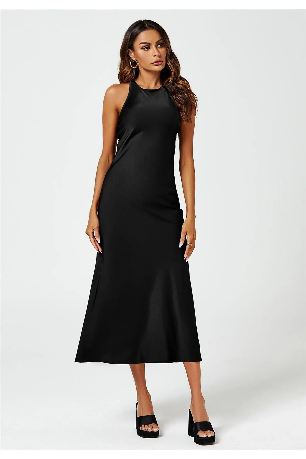 FS Collection Slim Fit Satin Midi Dress In Black