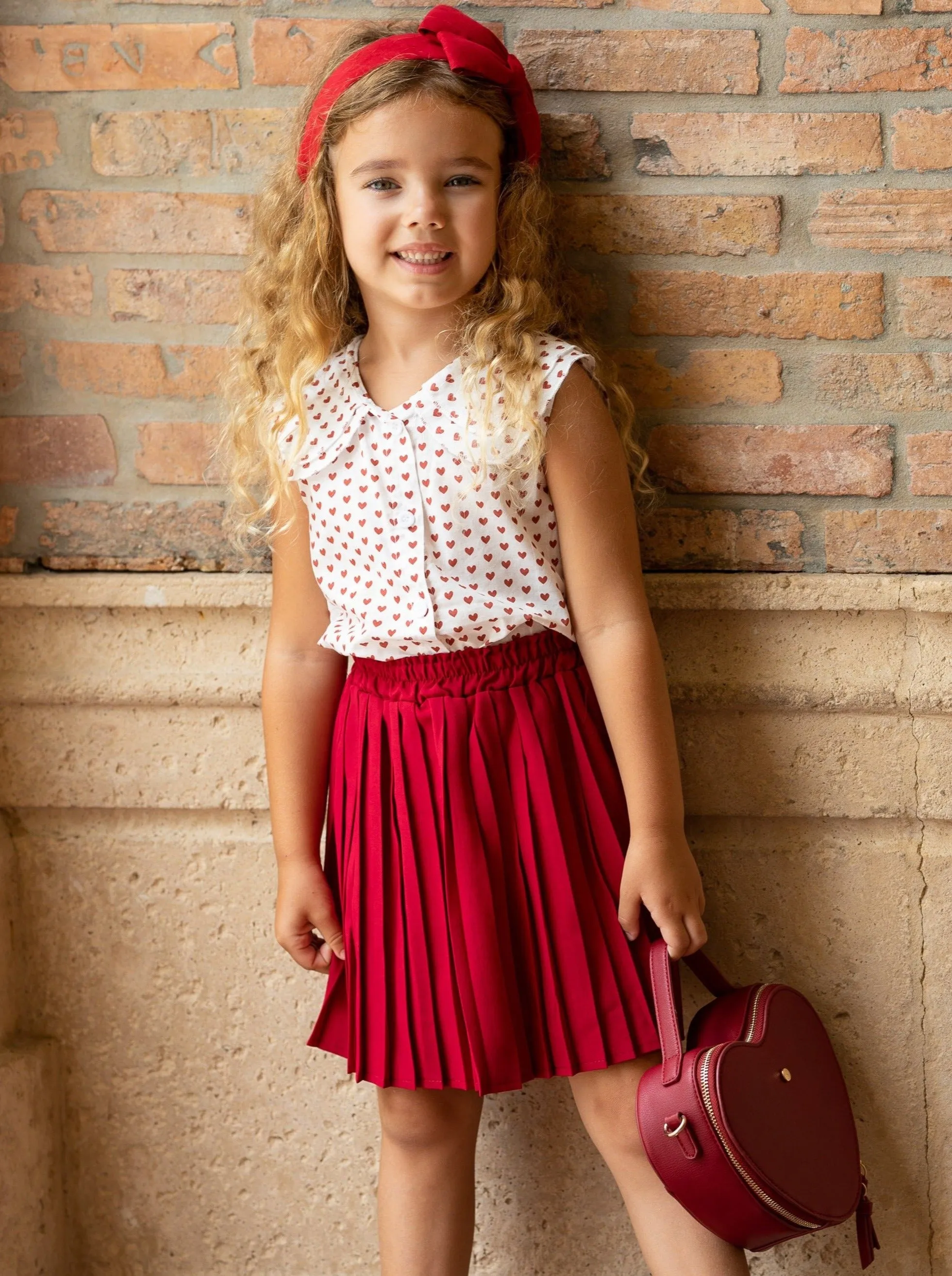 Girls Little Hearts Top and Pleated Skirt Set