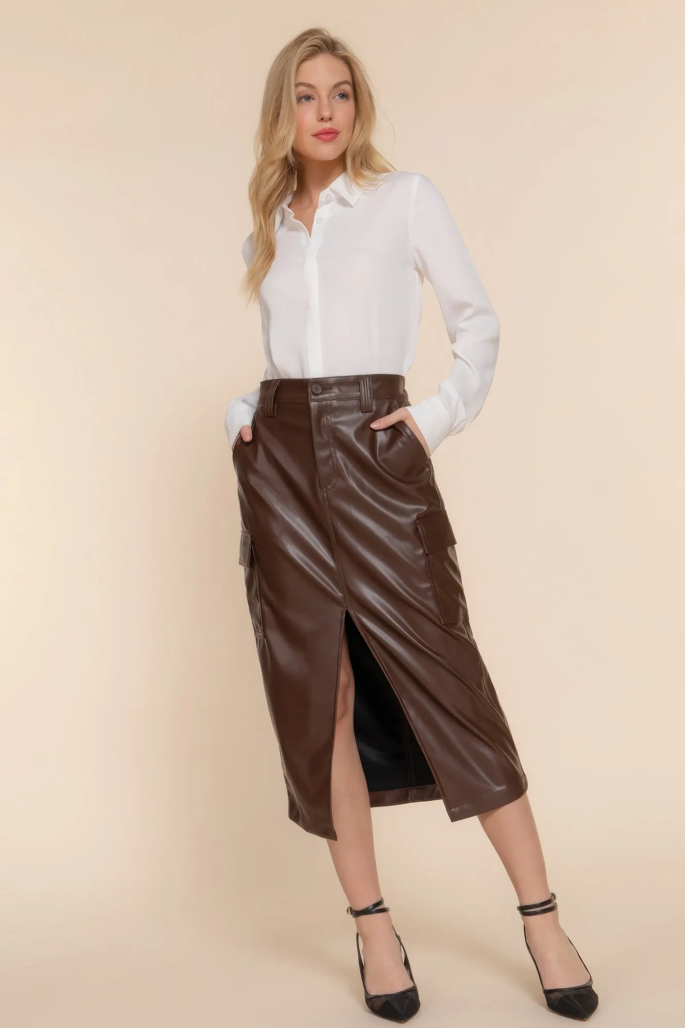 Hot Girl Florence Faux Leather Cargo Midi Skirt In Brown