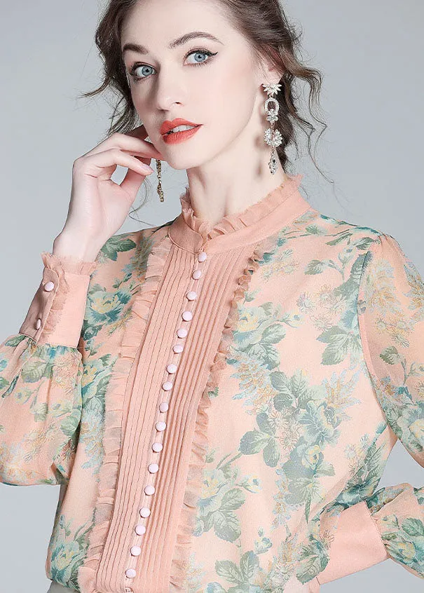 Italian Pink Ruffled Print Patchwork Silk Shirts Spring LY0114