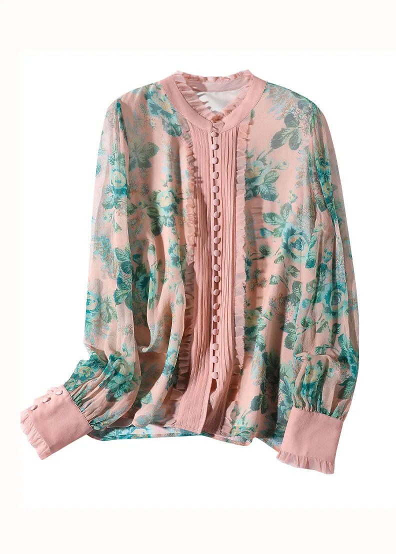 Italian Pink Ruffled Print Patchwork Silk Shirts Spring LY0114