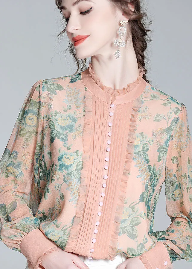 Italian Pink Ruffled Print Patchwork Silk Shirts Spring LY0114