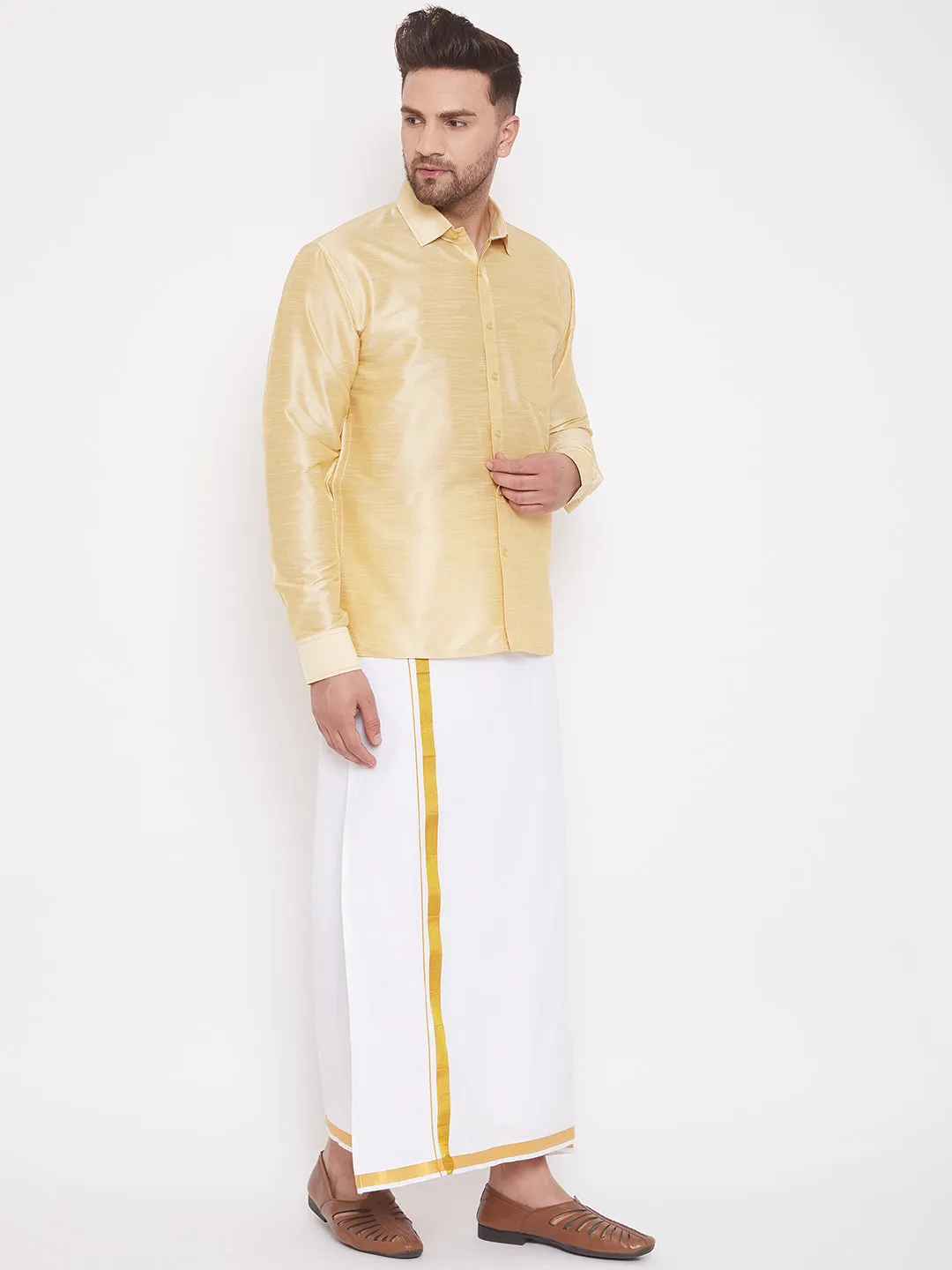 Jashvi Men's & Boys Gold Solid Silk Blend Full Sleeve Ethnic Shirt And Mundu Set