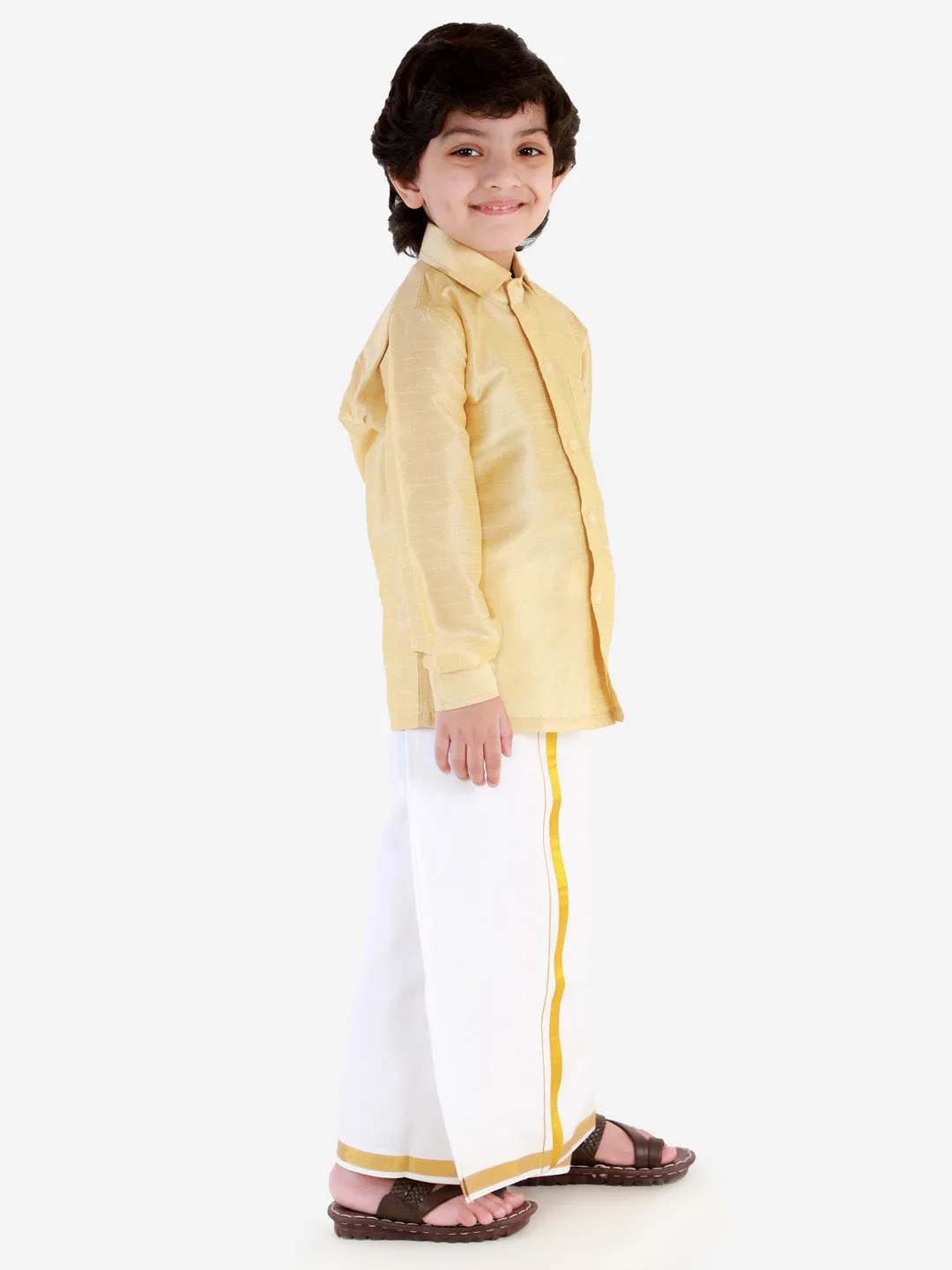 Jashvi Men's & Boys Gold Solid Silk Blend Full Sleeve Ethnic Shirt And Mundu Set