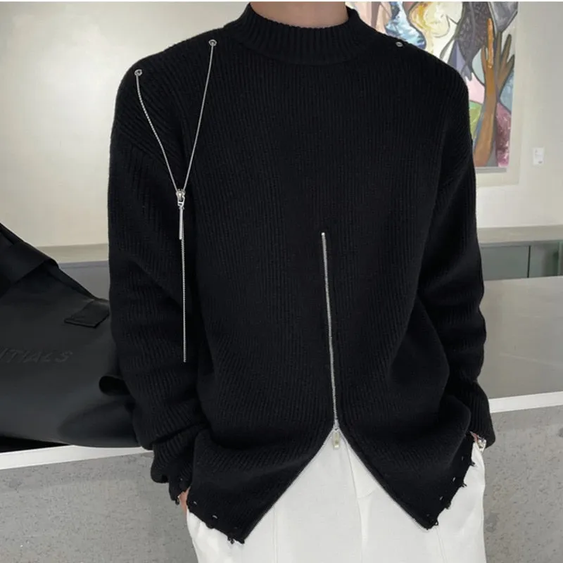 Jinquedai European Style Metal Chain Decoration Thick Needle Heren Sweater Fall Winter Black White Zipper Pull Homme Knitted Sweater Men