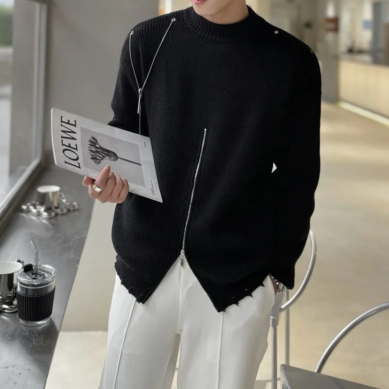 Jinquedai European Style Metal Chain Decoration Thick Needle Heren Sweater Fall Winter Black White Zipper Pull Homme Knitted Sweater Men