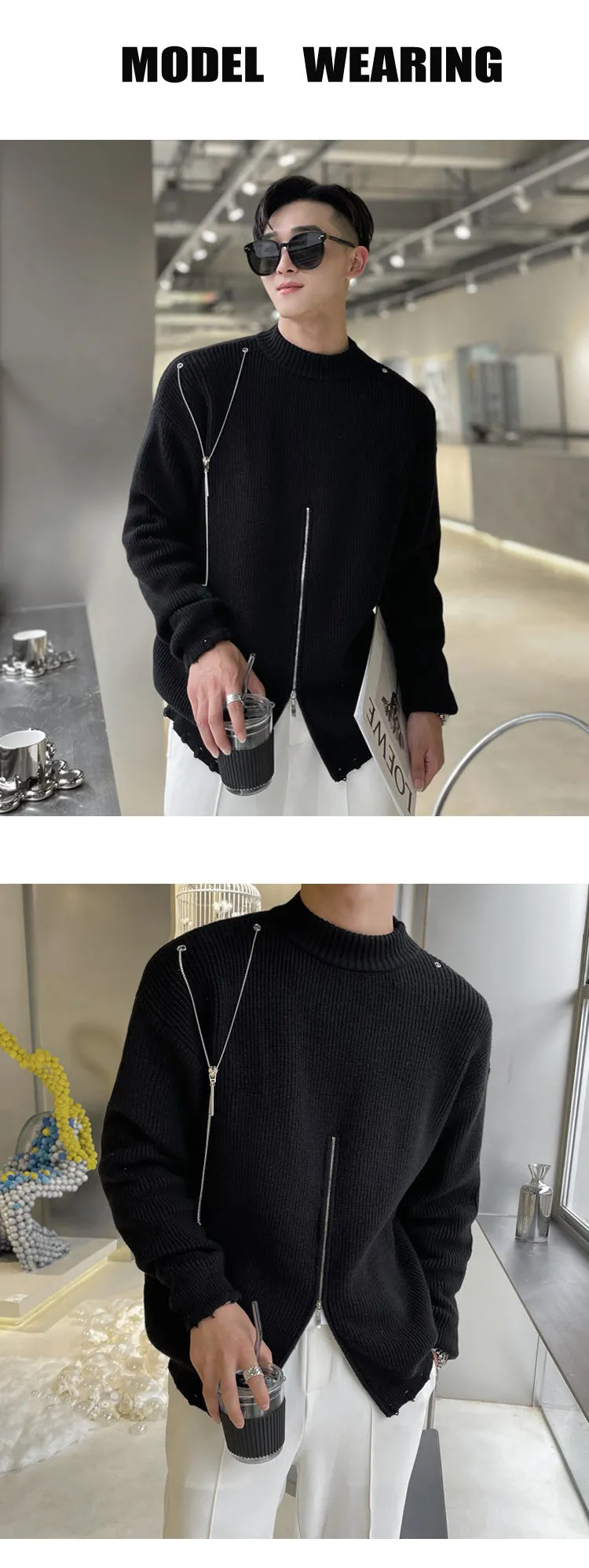 Jinquedai European Style Metal Chain Decoration Thick Needle Heren Sweater Fall Winter Black White Zipper Pull Homme Knitted Sweater Men