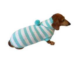 Knitted dachshund sweater with striped hood and pompom, hoodie for dachshund