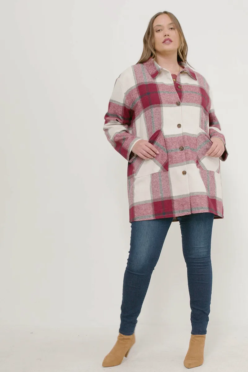 Mandy Plus Burgundy Plaid Shacket with Front Pockets 1X-3X