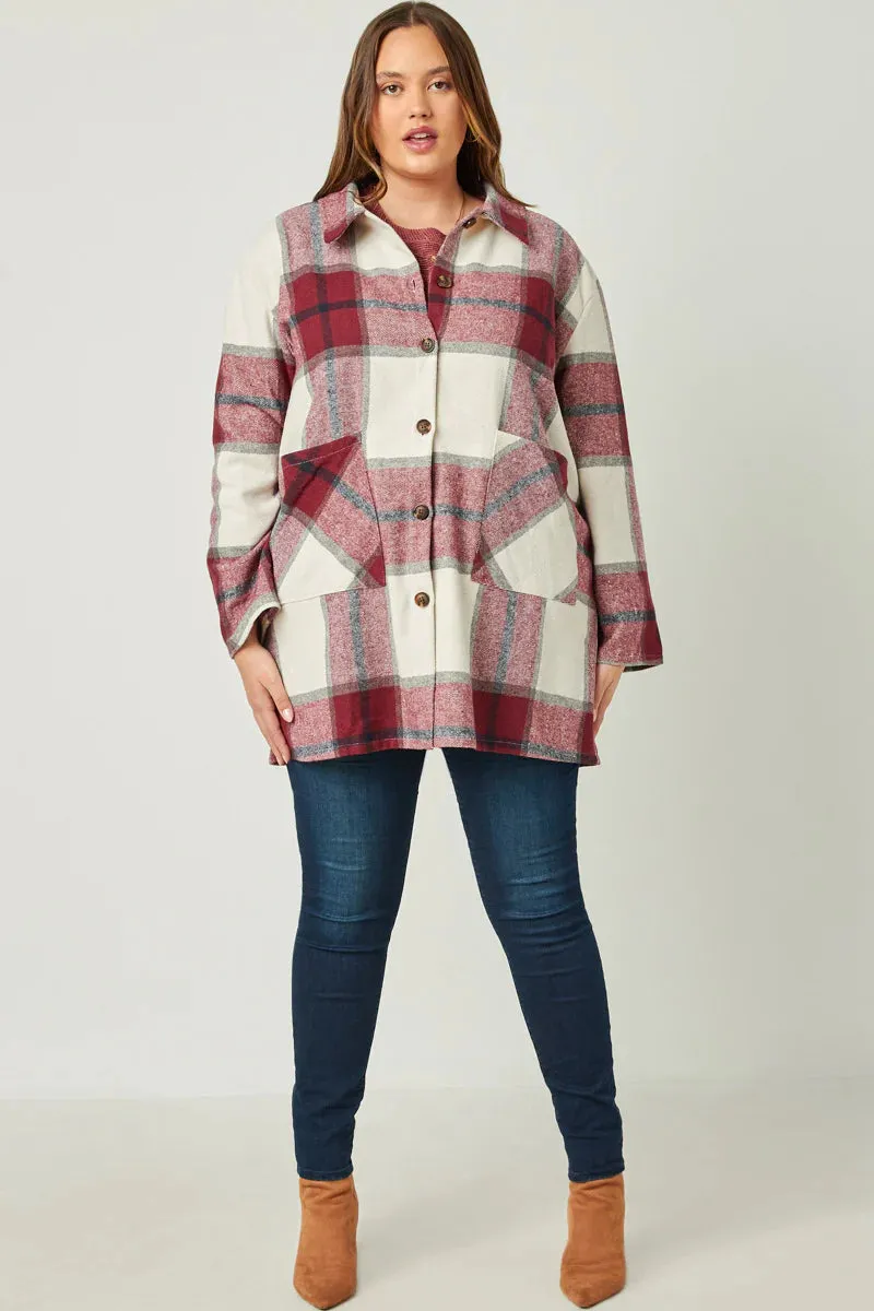 Mandy Plus Burgundy Plaid Shacket with Front Pockets 1X-3X