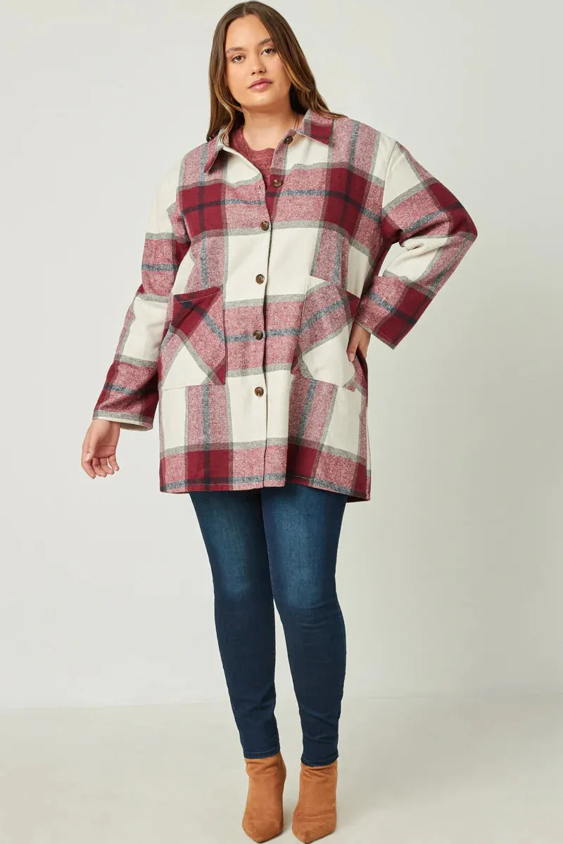 Mandy Plus Burgundy Plaid Shacket with Front Pockets 1X-3X