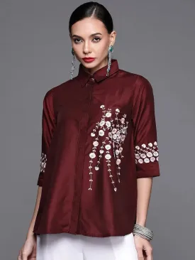 Maroon Embroidered Silk Blend Shirt