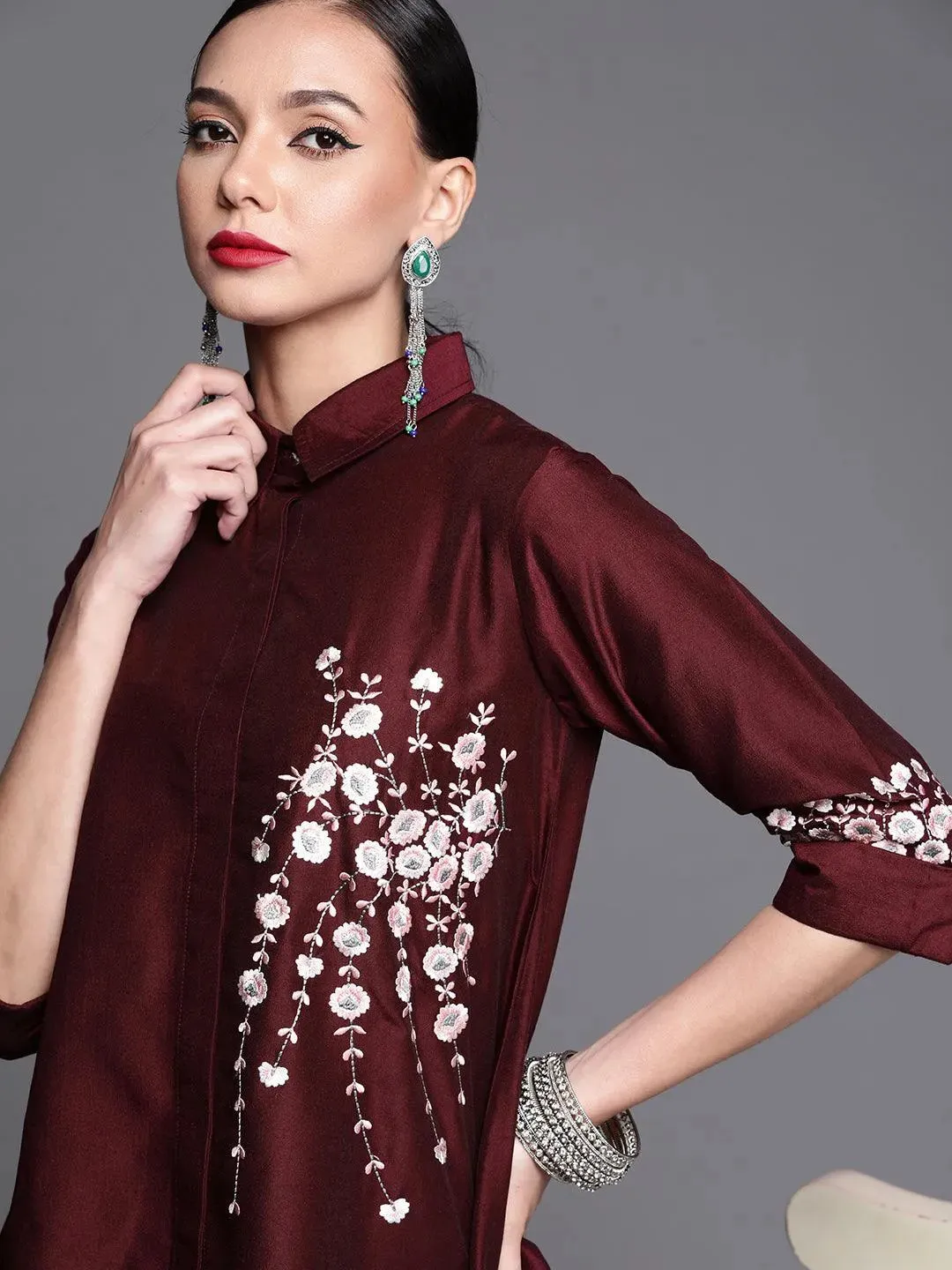 Maroon Embroidered Silk Blend Shirt