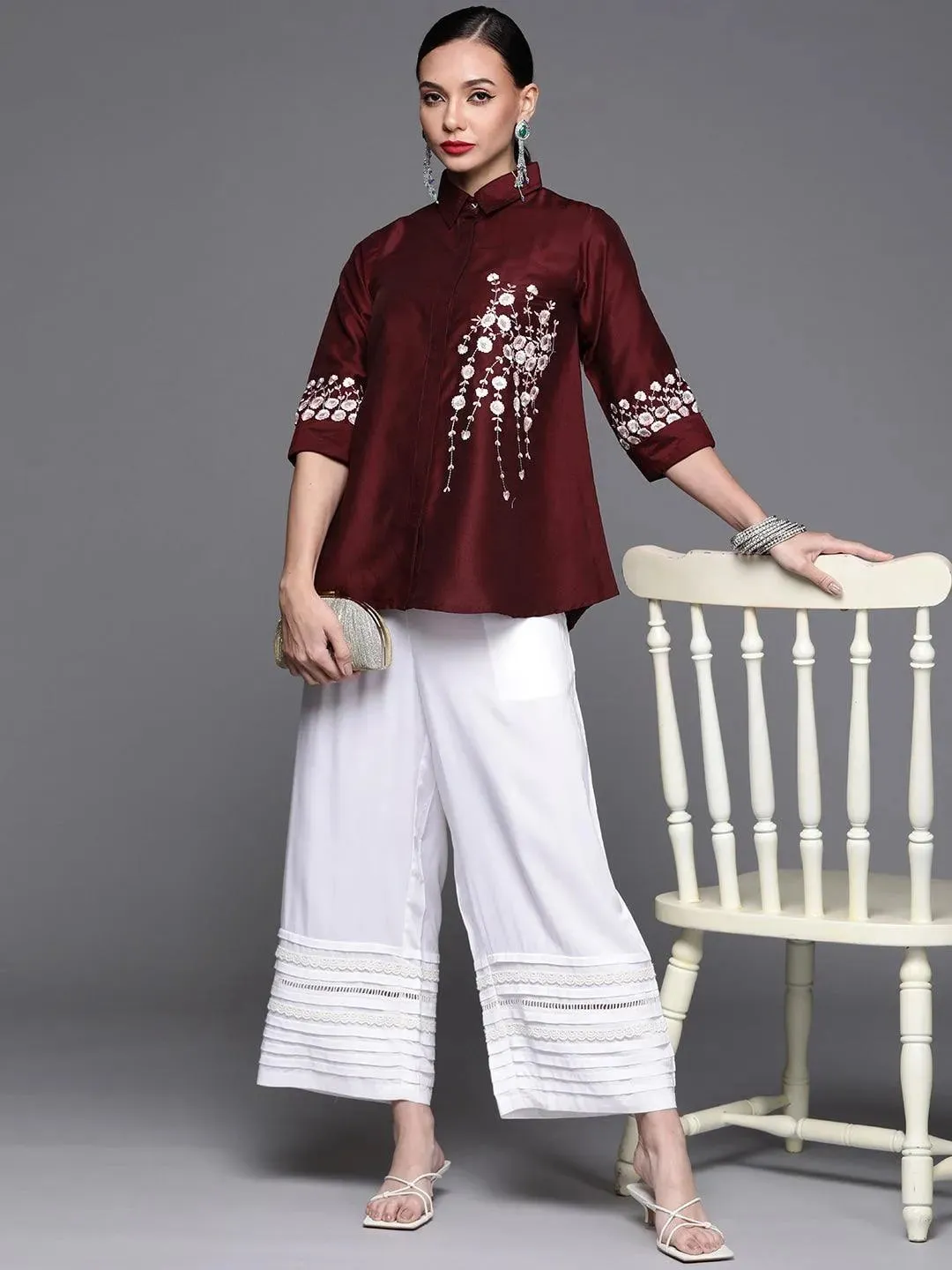 Maroon Embroidered Silk Blend Shirt