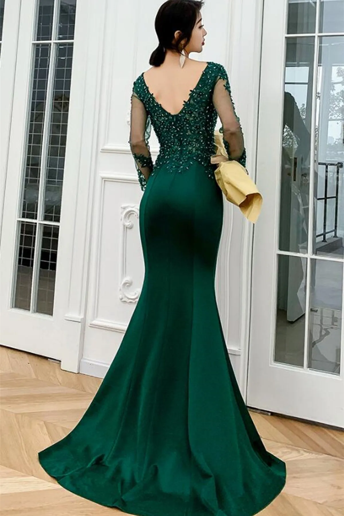 Mermaid V Neck Long Sleeves Beaded Green Long Prom Dresses, Mermaid Green Formal Dresses, Beaded Green Evening Dresses