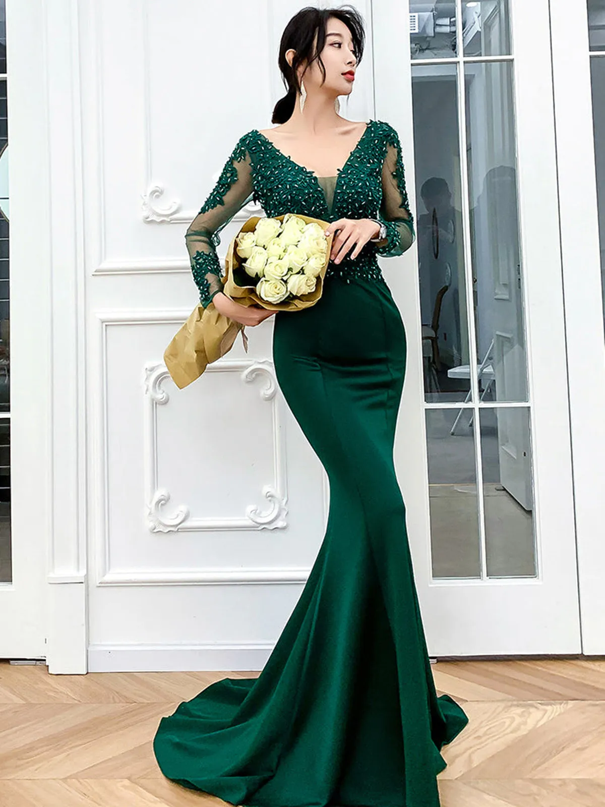 Mermaid V Neck Long Sleeves Beaded Green Long Prom Dresses, Mermaid Green Formal Dresses, Beaded Green Evening Dresses