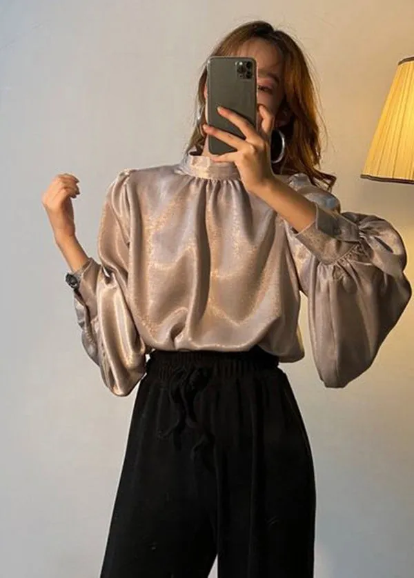 Modern Brown Stand Collar Draping Silk Shirts Lantern  Sleeve LY2620