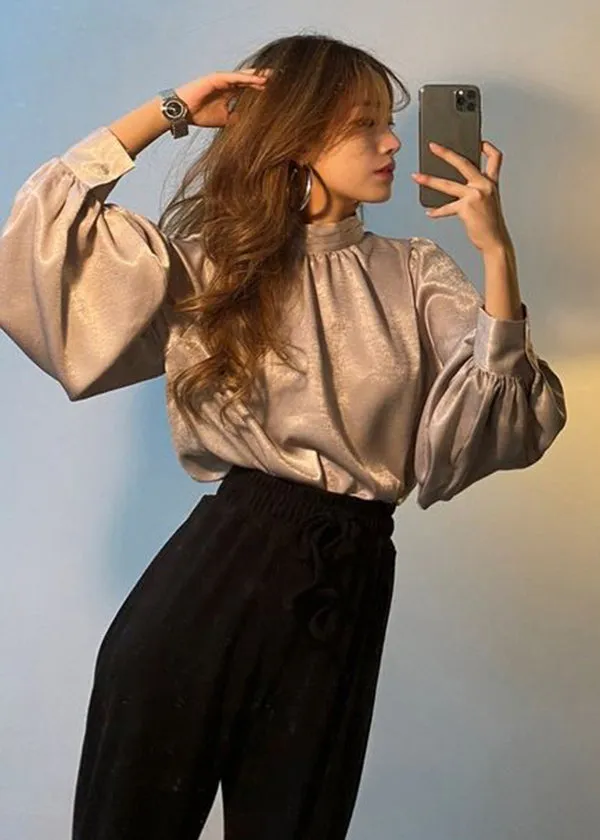 Modern Brown Stand Collar Draping Silk Shirts Lantern  Sleeve LY2620