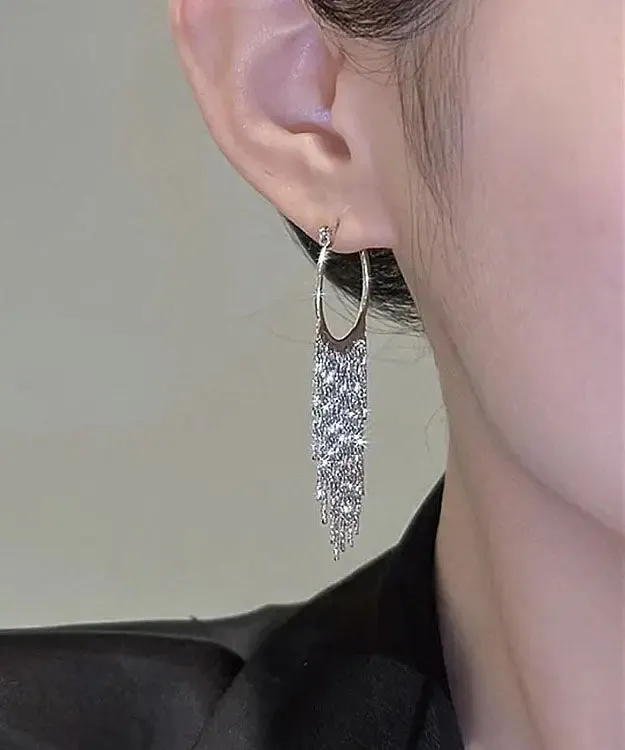 Modern Silk Copper Alloy Zircon Tassel Hoop Earrings LY8951