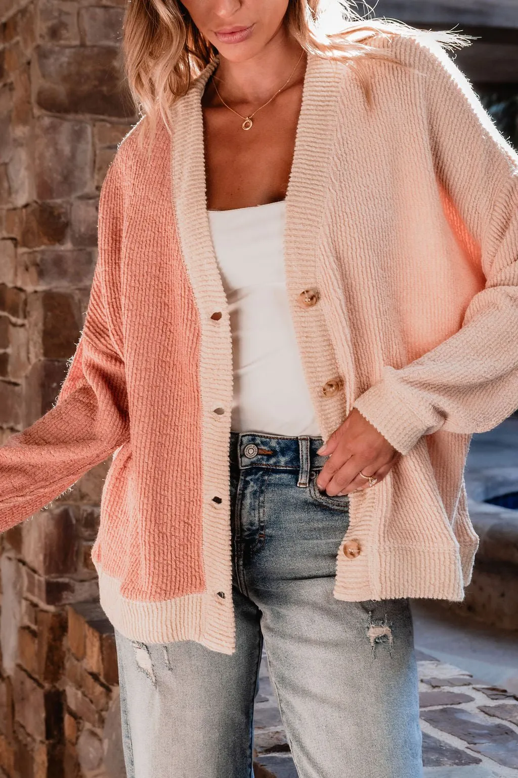 Multi Pink Color Block Button Down Cardigan