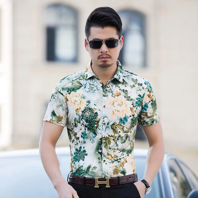 New summer men's floral shirts High quality silk cotton short sleeve shir.