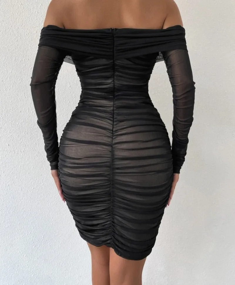 Off Shoulder Mesh Party Long Sleeve Dress