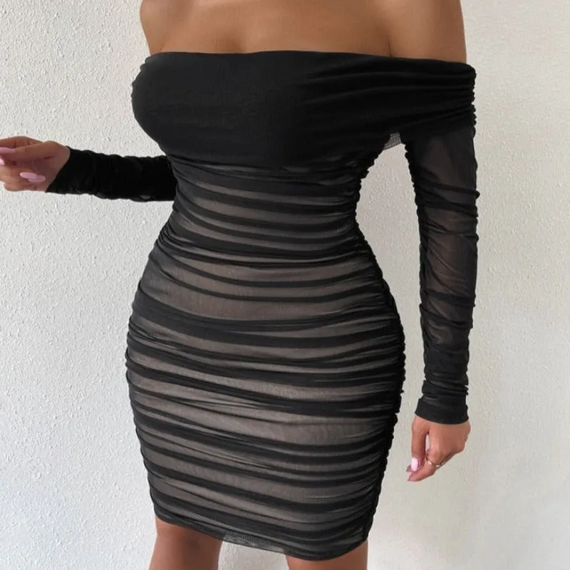 Off Shoulder Mesh Party Long Sleeve Dress